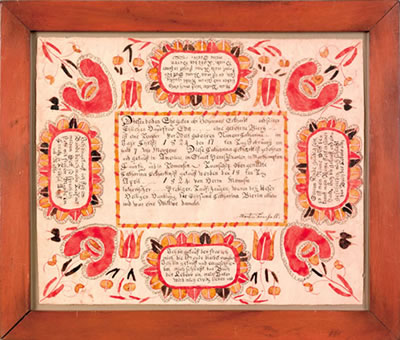 Fraktur birth certificate dated 1824 with central script surrounded by tulips and stylized flowers