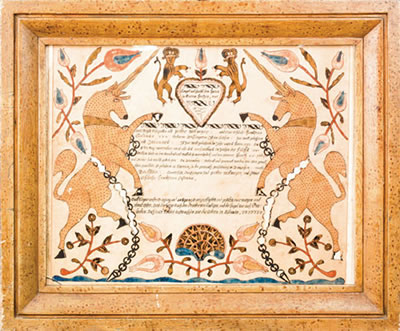Dauphin County fraktur dated 1793 with central script flanked by rampant unicorns and tulip vines below a heart and two crowned lions, retaining a period faux bird's-eye maple decorated frame