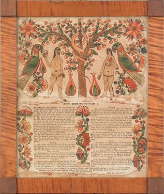 Fraktur with a large depiction of Adam & Eve flanked by parrots above script