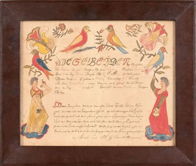 Figures flanking script beneath love birds