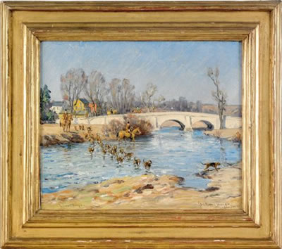 Landscape depicting a fox hunt at Andrew's Bridge by Charles Morris Young - Auction record, sale price, and art valuation. Compare with similar artists and explore comparable artworks.