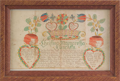 Fraktur for Christina Margaretha Kunckel, dated 1777, Albany Township, Berks County