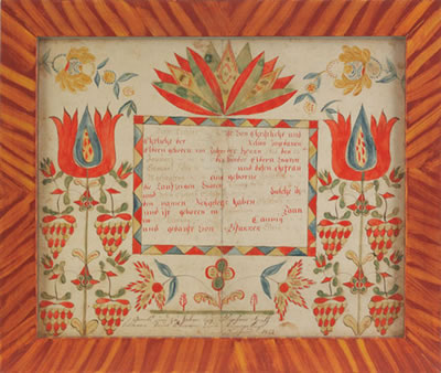 Fraktur birth certificate for Elisabeth Felfy, 1822, Swatara Township, Lebanon County by Abraham Huth - Auction record, sale price, and art valuation. Compare with similar artists and explore comparable artworks.