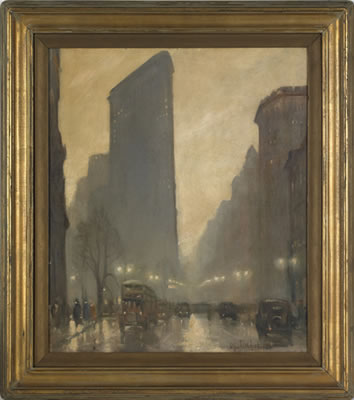 New York street scene depicting the Flatiron Building