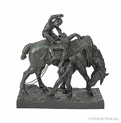 Three boy mounting a horse
