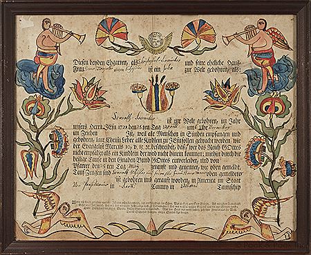 Berks County printed and hand colored fraktur birth certificate, dated 1772 by Georg Frederich Speyer - Auction record, sale price, and art valuation. Compare with similar artists and explore comparable artworks.