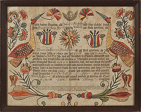 Berks County printed and hand colored fraktur birth certificate, dated 1775