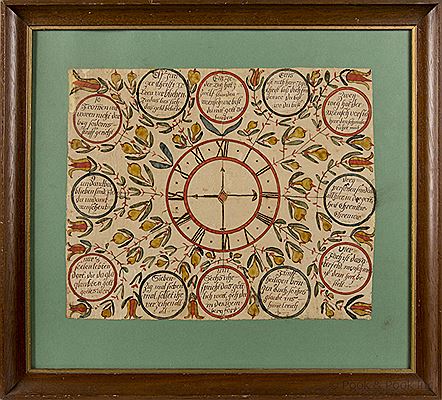 Fraktur with a central clock face surrounded by tulip vines and circles with script