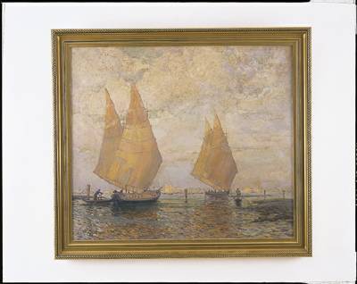 Harbor scene with two sailboats