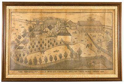 A farm with various animals, people, pond, carriages, etc