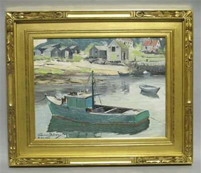 GREEN FISHING BOAT, LANES COVE, GLOUCESTER by Alfred Bjareby - Auction record, sale price, and art valuation. Compare with similar artists and explore comparable artworks.