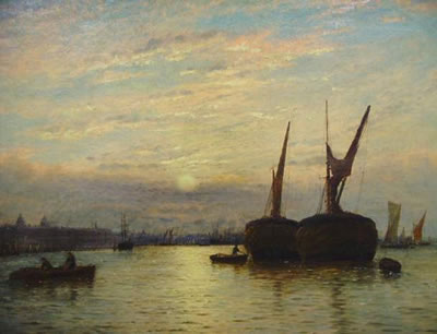 Sunset River Scene with Ships