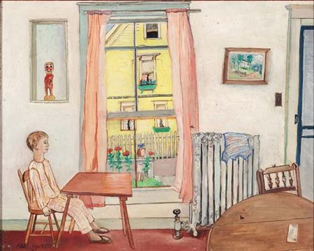 Sample artwork by Mary Hackett (1906 - 1989), known for naive style townscape, interior with figure, buildings, portrait painting - View similar artists and auction records
