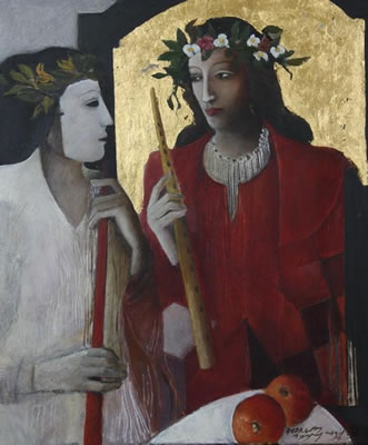 Flute-players with flowers