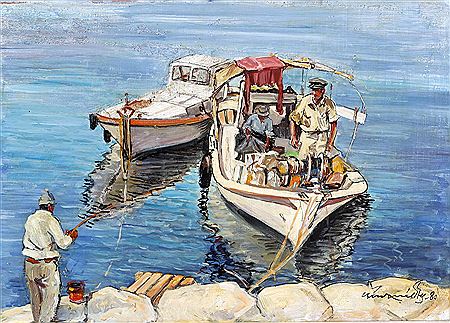 Fishing boats in the harbor by Victor Ioannides - Auction record, sale price, and art valuation. Compare with similar artists and explore comparable artworks.