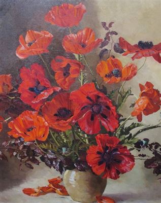 Still life of poppies in a terracotta vase
