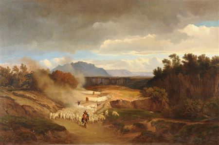 Schäfer mit ihrer Herde in der römischen Campagna