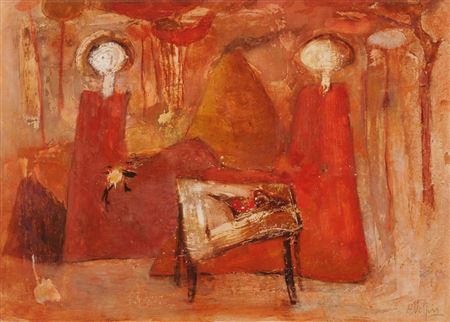 Figuren in einer Landschaft vor einem Tisch