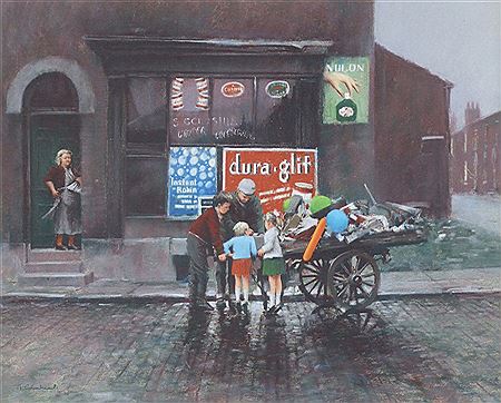 Children gathered around a rag-and-bone cart by Marc Grimshaw - Auction record, sale price, and art valuation. Compare with similar artists and explore comparable artworks.