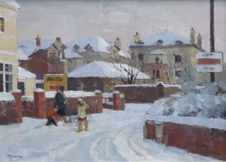 Street scene with figures playing in the snow