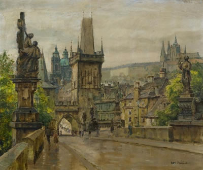 European street scene in spring, probably Prague