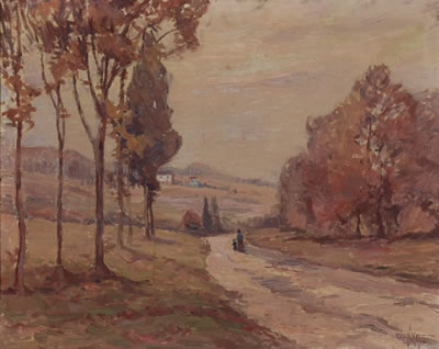 Landscape painting with woman and child walking down path.
