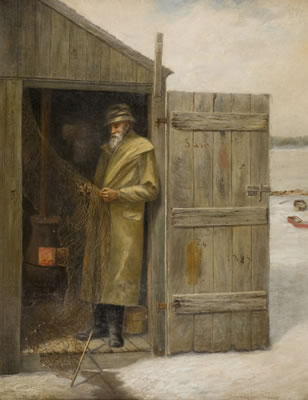 Winter scene of a fisherman in a wooden shed