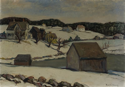 Winter landscape with houses and barn beside a lake.
