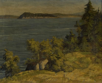 Northern harbor scene with lush landscape