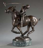 Polo player with outstretched arm and mallet on horse.