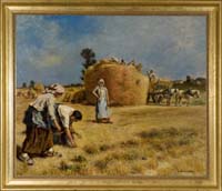 Scene of women gleaning wheat in a field with a large haystack and cart