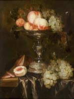 Still Life with Peaches and Grapes in a Silver Taza on a draped table