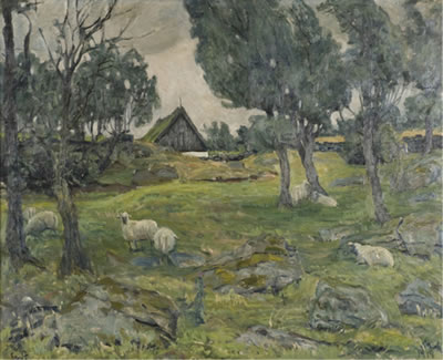 Sheep at pasture with barn in background. by Erik William Johnsen - Auction record, sale price, and art valuation. Compare with similar artists and explore comparable artworks.