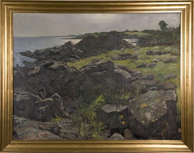 Sheep in rocky landscape near shoreline.