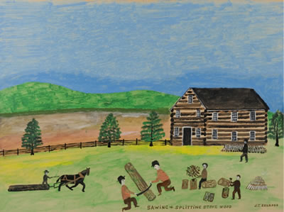 "Sawing and Splitting Stove Wood". House and hills in background.