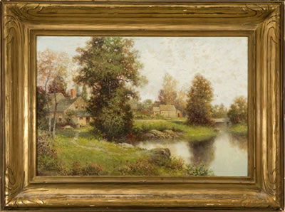 Landscape with cottages on a lake.