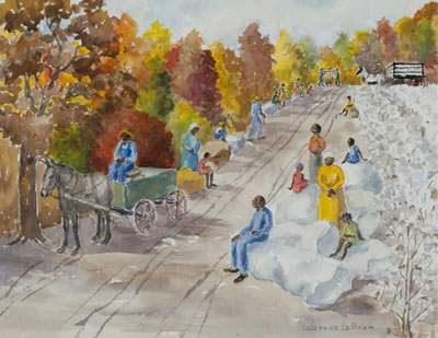 Cotton pickers by side of road