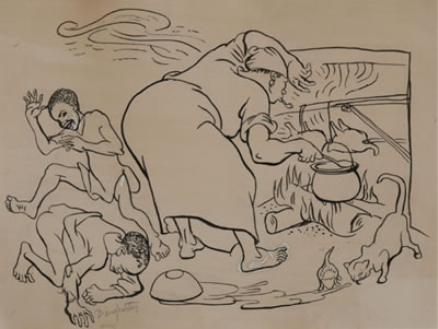 Woman cooking with children nearby