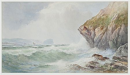 Rocky shore scene with sailboats in distance