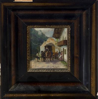 A small scene of a man and a stagecoach