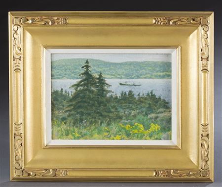 Landscape with pine trees and lake