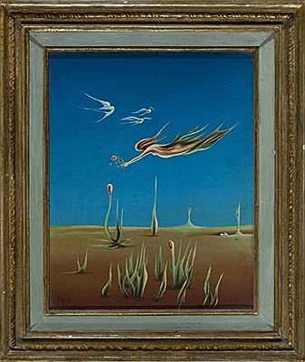 Surrealist landscape with flying female and birds