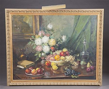 Tabletop still life with bowl of fruit, flowers and jug
