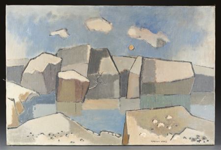 Abstract river scene alongside cliffs