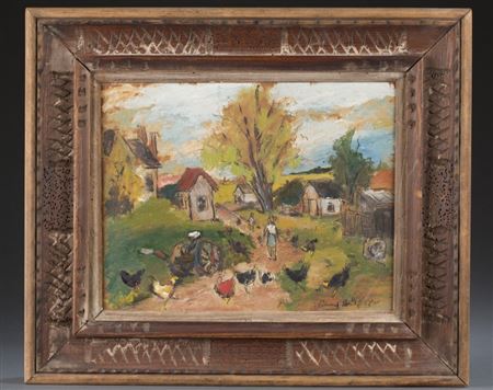 Country road with buildings and chickens.