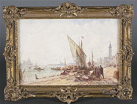 A merchant ship being unloaded in Venice