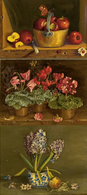OLD BRASS POT; CYCLAMEN AND PRIMROSES IN CLAY POTS; HYACINTH IN BLUE AND WHITE VASE: THREE WORKS