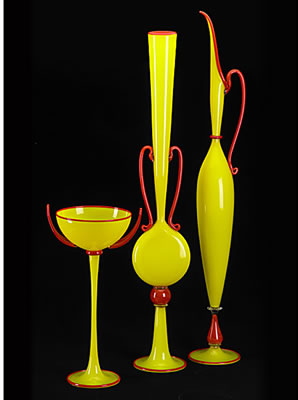 Suite of three vessels blown of yellow, red and clear glass, Italy, 1992
