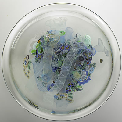 Floral glass plate with murrine and latticino