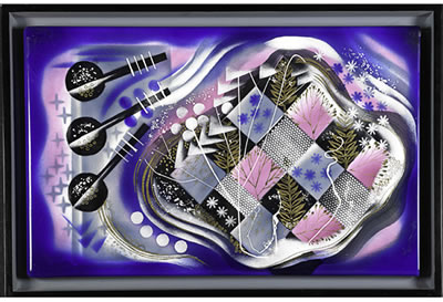 Large untitled vitreous enamel on metal panel with banjos and trees (framed), Ohio, 1940s